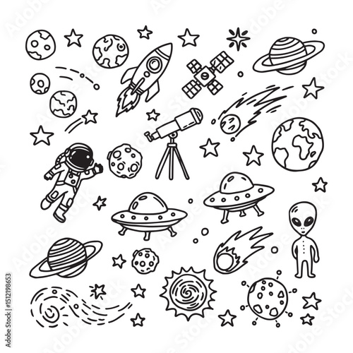 Hand drawn space doodles. Vector illustration isolated on white background.