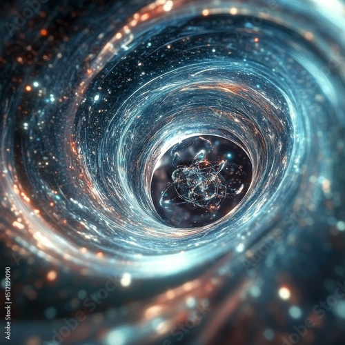Futuristic antimatter molecule or micro Black Hole. Quantum physics concept 3D illustration. Orbiting mystery gluon quarks and elementary matter particles forming a wormhole warping time and gravity.