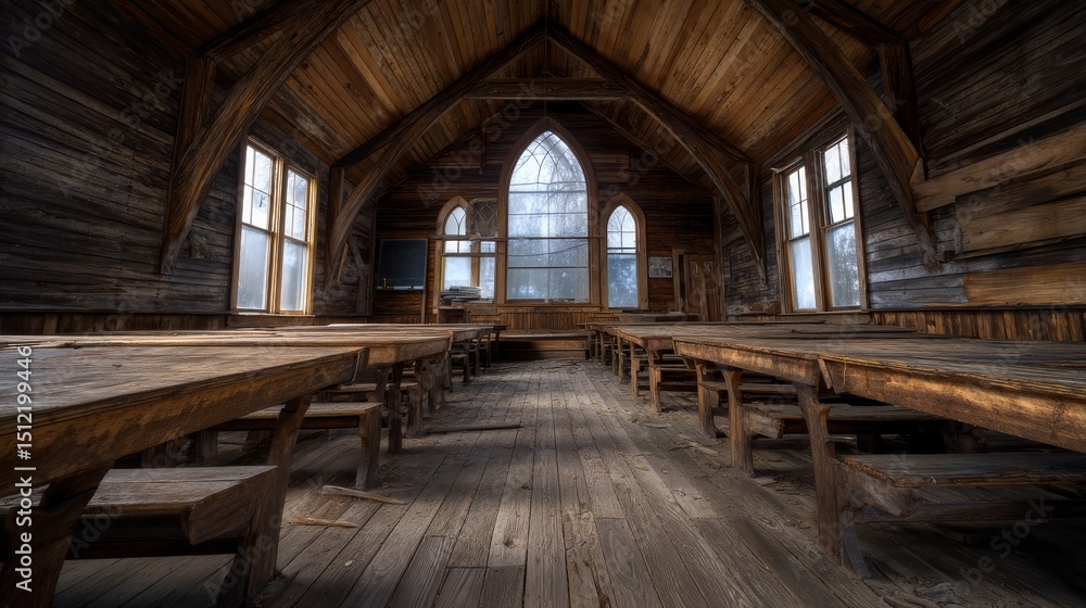 Creepy Abandoned Schoolhouse Interior with Wooden Tables and Eerie Shadows from Large Windows Creepy Abandoned Schoolhouse Interior with Wooden Tables and Eerie Shadows from Large Windows