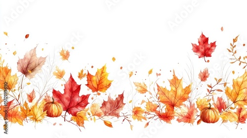 Autumnal border with vibrant leaves and pumpkins