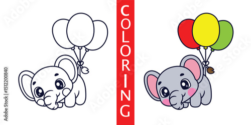 Cute Cartoon Elephant Flying With Balloons On Tail Tie Coloring Sheet, Illutration Cartoon Icon Logo Vector, Animals Holidays, Cartoon Style Flat.