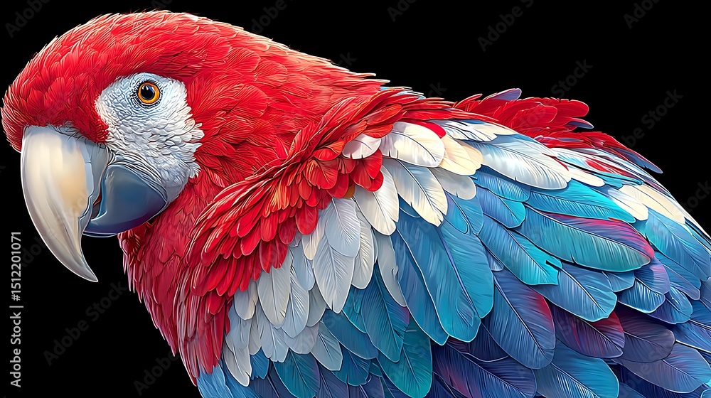 Obraz premium Vibrant Scarlet Macaw Portrait with Detailed Feathers Set Against Black Background