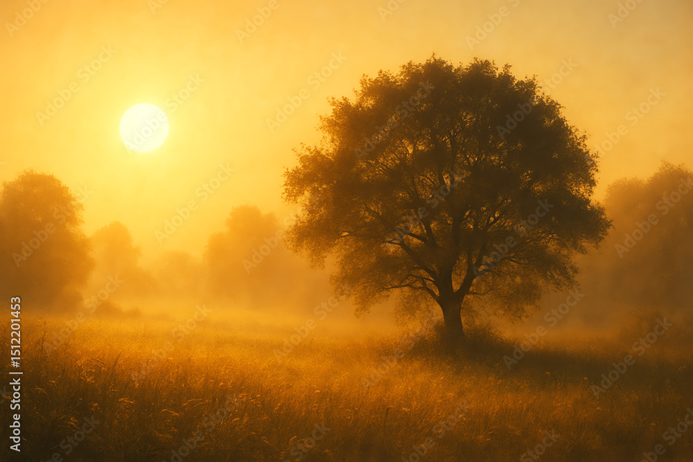 Obraz premium A serene sunrise over a misty field, featuring a solitary tree silhouetted against the golden light