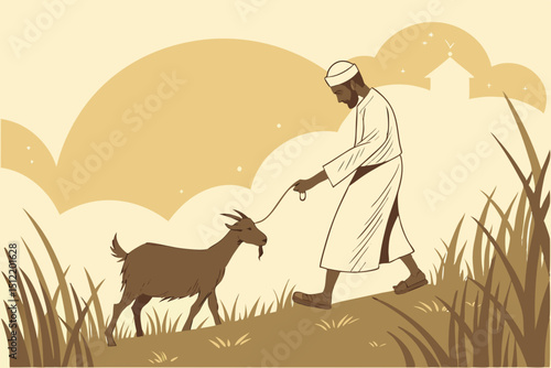 Early morning scene A man in white ihram and kopiah gently leading a healthy goat to Eid prayer. Misty atmosphere, golden sunrise over minarets, dew on grass. Soft focus, cinematic lighting, emotive c
