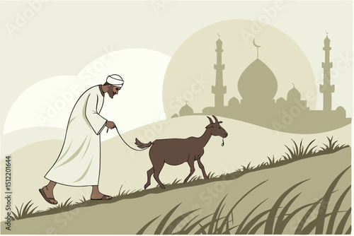 Early morning scene A man in white ihram and kopiah gently leading a healthy goat to Eid prayer. Misty atmosphere, golden sunrise over minarets, dew on grass. Soft focus, cinematic lighting, emotive c