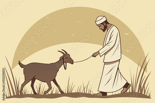 Early morning scene A man in white ihram and kopiah gently leading a healthy goat to Eid prayer. Misty atmosphere, golden sunrise over minarets, dew on grass. Soft focus, cinematic lighting, emotive c