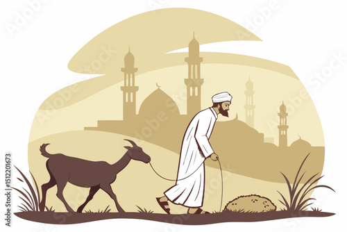 Early morning scene A man in white ihram and kopiah gently leading a healthy goat to Eid prayer. Misty atmosphere, golden sunrise over minarets, dew on grass. Soft focus, cinematic lighting, emotive c