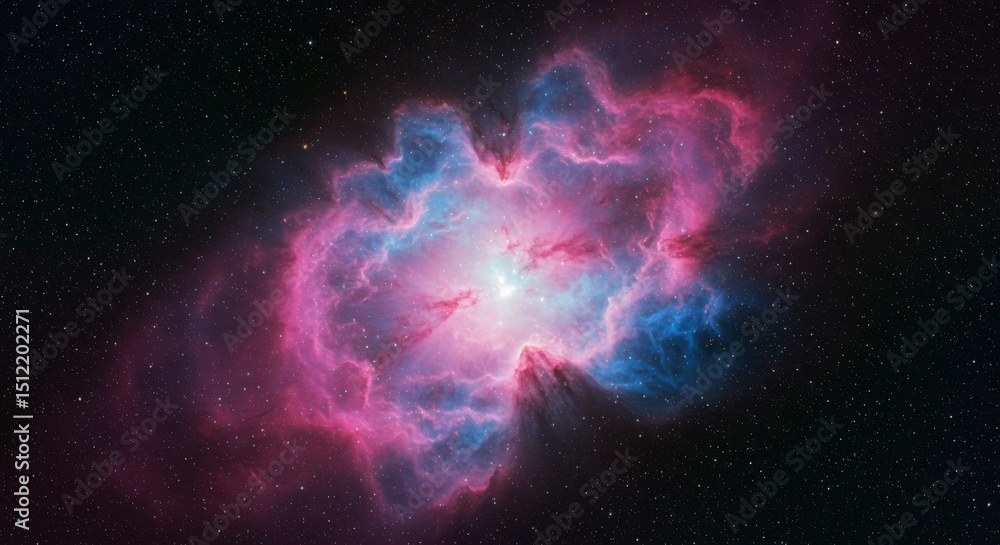 A stunning cosmic view of a nebula, with vibrant pink and blue clouds radiating from a bright center A stunning cosmic view of a nebula, with vibrant pink and blue clouds radiating from a bright center