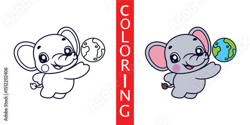 Cute Cartoon Elephant Flying Earth Coloring Sheet, Illustration Icon Logo Vector, Animals Science, Cartoon Style Flat.