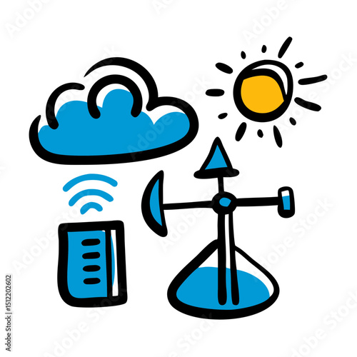 Hand-drawn weather station illustration, blue and yellow, for educational materials