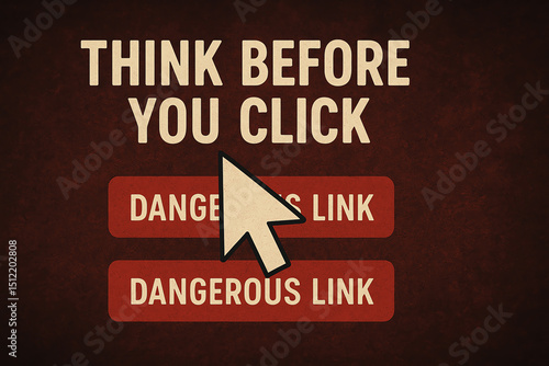 A striking image warns users to think before clicking on potentially dangerous links, emphasizing online safety and awareness in the digital age.