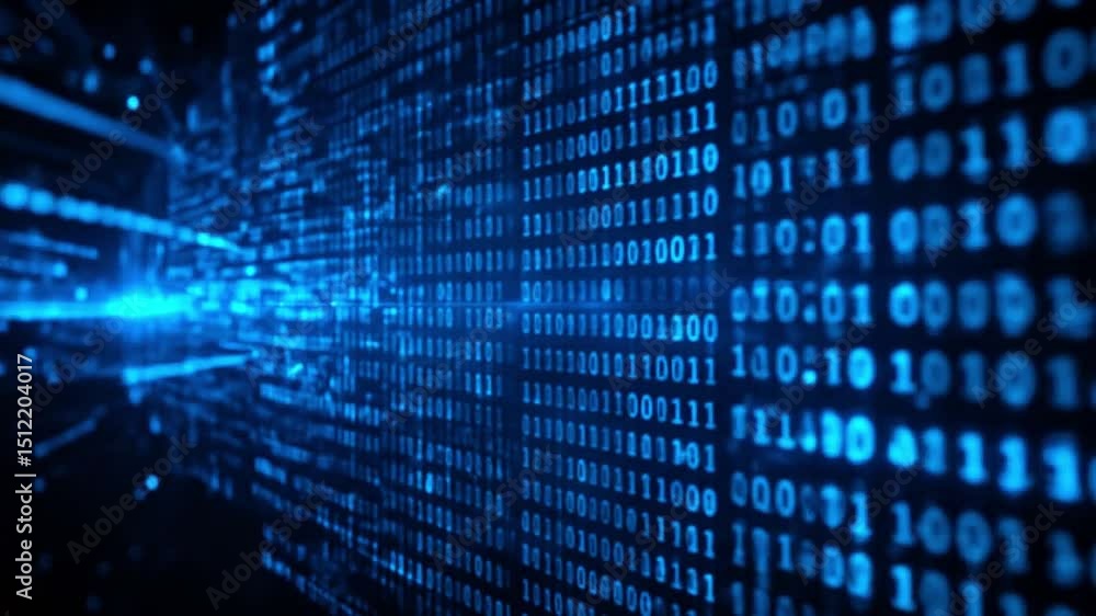 Floating data screen with pulsing binary code in neon blue