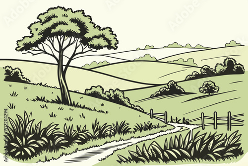 Green grass field on small hills. Meadow, alkali, lye, grassland, pommel, lea, pasturage, farm. Rural scenery landscape panorama of countryside pastures. Vector sketch line illustration