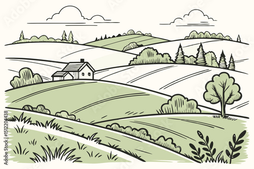 Green grass field on small hills. Meadow, alkali, lye, grassland, pommel, lea, pasturage, farm. Rural scenery landscape panorama of countryside pastures. Vector sketch line illustration