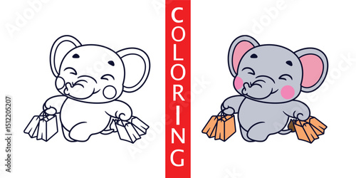 Cute Cartoon Elephant Holding Shopping Bags Happily,Illustration Cartoon Icon Logo Vector,Coloring Sheet Book,Animals Holidays,Cartoon Style Flat.