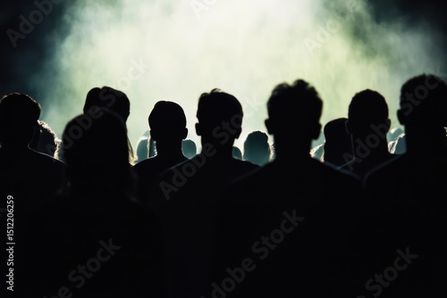 Silhouetted crowd illuminated by focused light