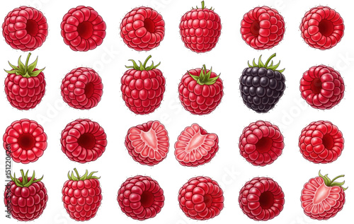 A collection of realistic raspberry illustrations, including whole raspberries, halved raspberries showing the internal structure, and one blackberry, all with green leaves and stems.