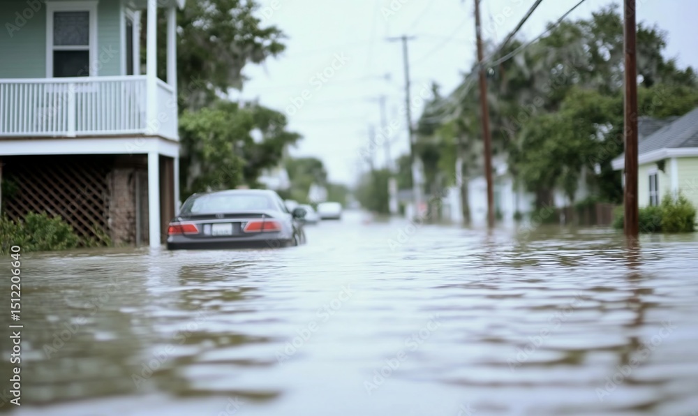Fototapeta premium Flooding in residential street. Houses and cars submerged in floodwaters