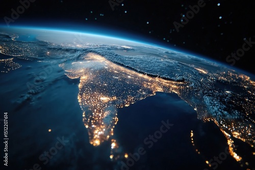 A stunning view of Earth from space, showcasing city lights across the Indian subcontinent at night.