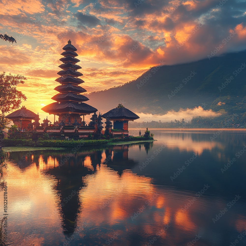 Naklejka premium Serene Sunrise Over a Lake Temple in Indonesia