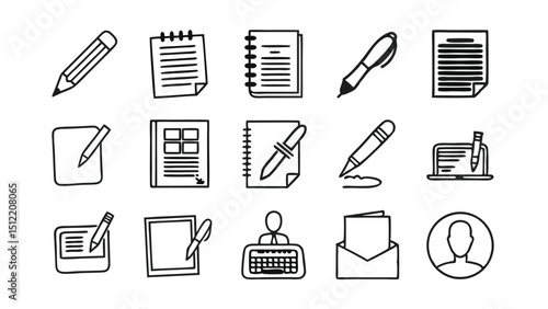 Writing Instruments and Paperwork Essentials: A comprehensive visual guide showcasing a range of stationary tools and blank documents essential for the act of writing.