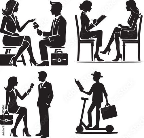 Silhouettes of people interviewing, writing, and riding a scooter in a vector illustration