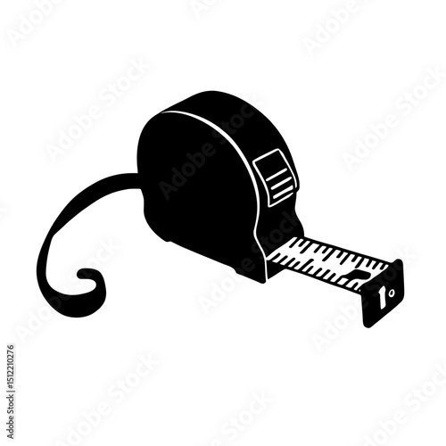 Minimalist black silhouette of a retractable measuring tape on white background