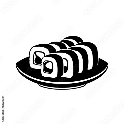Minimalist black silhouette of sushi rolls arranged on a plate