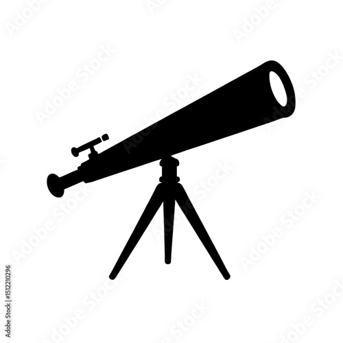 Minimalist black silhouette of a telescope on a white background