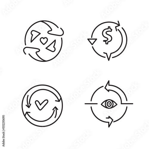 Minimalist icon set representing recycling finances love approval and observation in a circle
