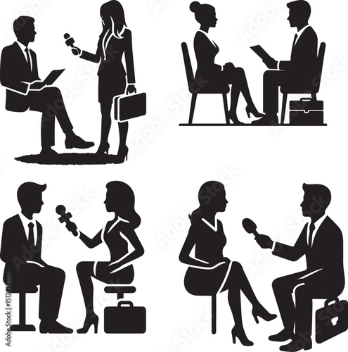 Illustration of interview scenarios with people sitting and holding microphones and briefcases