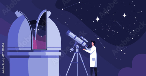 A scientist is observing the night sky through a telescope in an observatory, with the dome open to the stars.