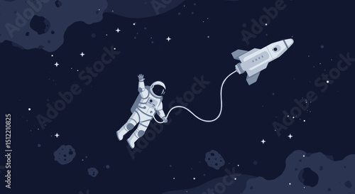 he astronaut is still floating in space, but now the rocket is further away, and the astronaut's suit has some added details, including red accents. 