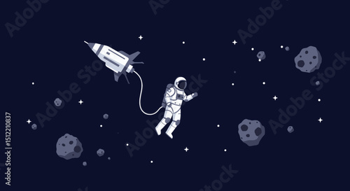 he astronaut is still floating in space, but now the rocket is further away, and the astronaut's suit has some added details, including red accents. 