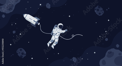 This image shows an astronaut floating in space, holding a tether connected to a rocket in the distance. 