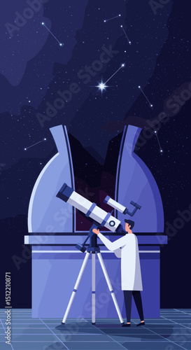 A scientist is observing the night sky through a telescope in an observatory, with the dome open to the stars.