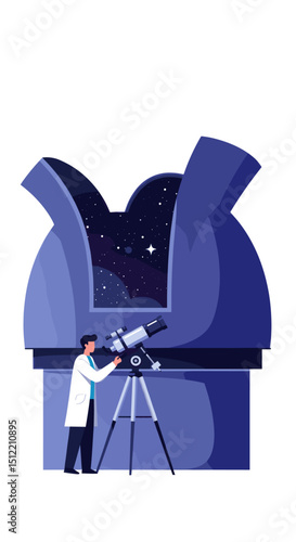 A scientist is observing the night sky through a telescope in an observatory, with the dome open to the stars.
