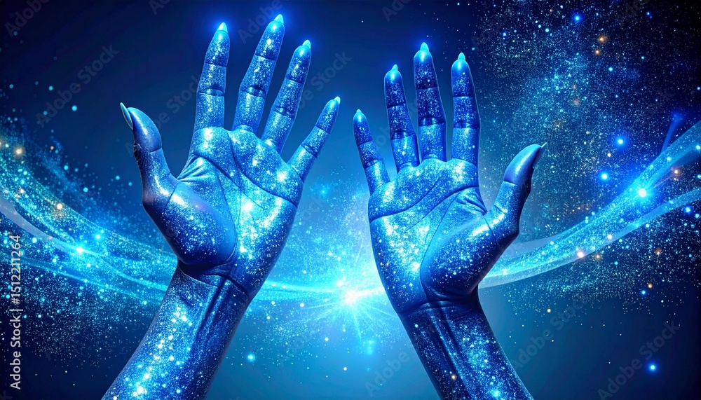 Two futuristic, glowing hands with a blue, cosmic, and sparkling effect, raised against a starry, mystical background. Two futuristic, glowing hands with a blue, cosmic, and sparkling effect, raised against a starry, mystical background.