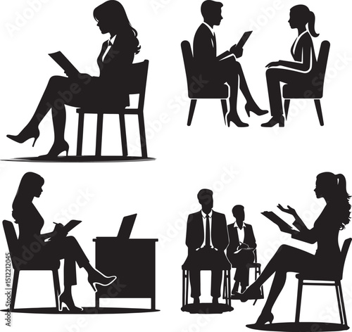 Silhouette illustrations of business people sitting in chairs during meetings and interviews scenes