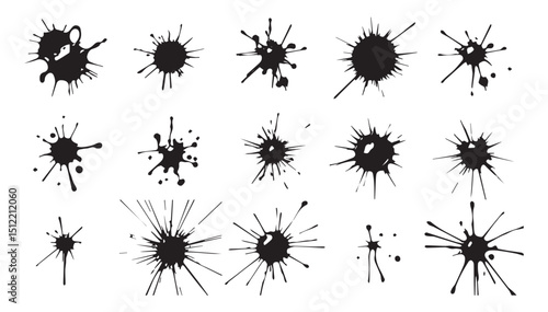 Ink splatter collection black ink blots isolated