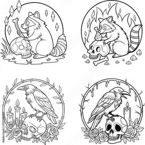 Cute Dark Academia Coloring Pages Adorable Raccoon and Raven Designs