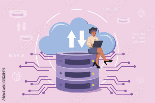 Cloud Data Synchronization and Storage: An Illustrated Concept of a Woman Managing Information Upload and Download to a Centralized Cloud Database.