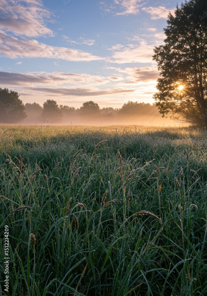 Fototapeta premium Misty Sunrise Over Dew-Covered Field