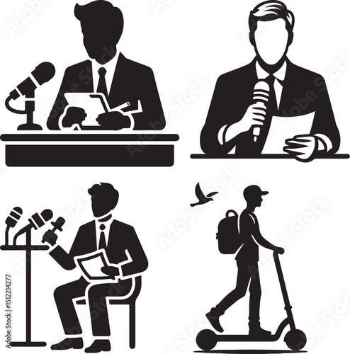 A set of black and white illustrations showing speakers and a person on a scooter with a backpack