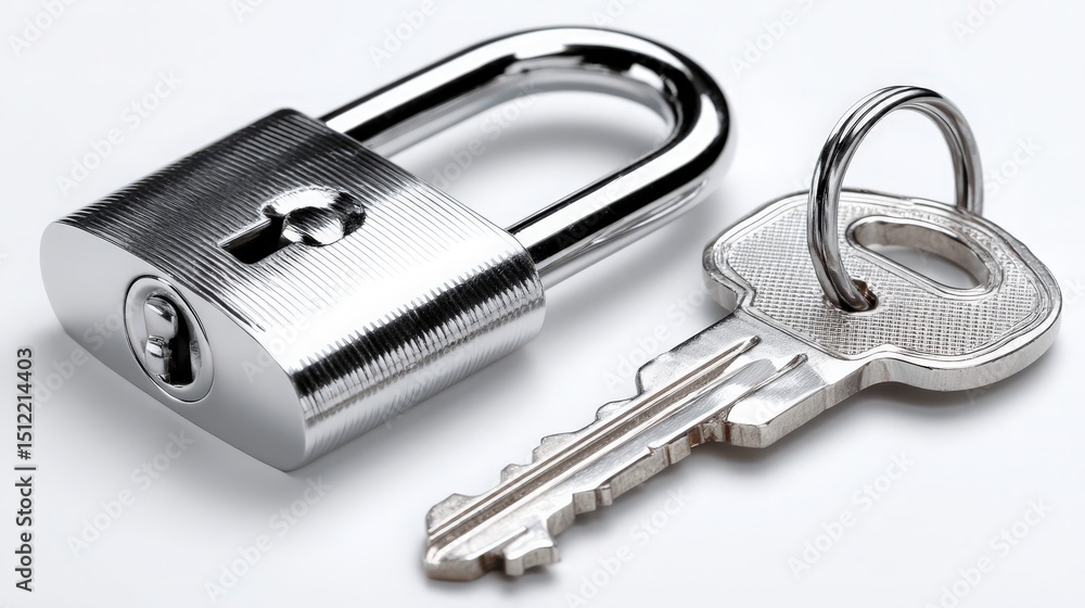 A large, sturdy key and padlock, symbolizing security A large, sturdy key and padlock, symbolizing security