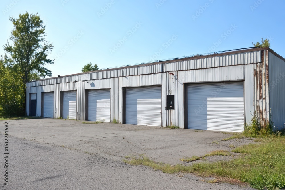 white metal commercial building with multiple white garage doors white metal commercial building with multiple white garage doors