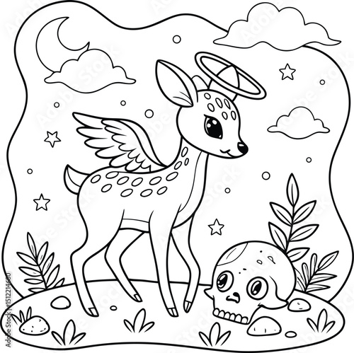 Adorable Angel Deer Coloring Page Fantasy Creature with Halo and Wings