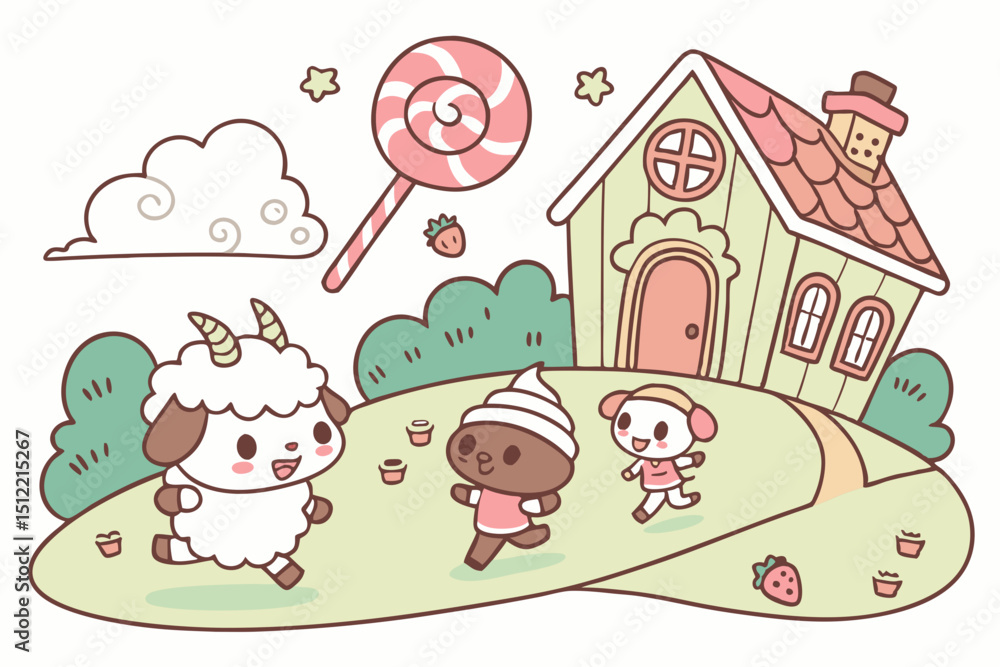 Fototapeta premium Kawaii food fantasy Chibi livestock animals made of candy! A marshmallow sheep with licorice wool, a chocolate cow with candy-cane horns, and a jellybean goat trotting toward a gingerbread mosque. Cup
