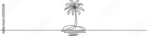 Palm tree one continuous line drawing. One line  of tropical palm trees . Ocean beach line art . Palm on the island .Tropical beach. Landscape..