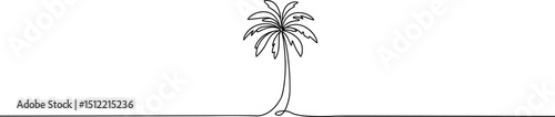 Palm tree one continuous line drawing. One line  of tropical palm trees . Ocean beach line art . Palm on the island .Tropical beach .Travel and vacation concept.Landscape.